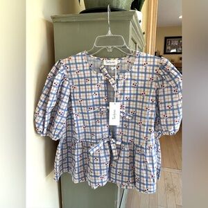 Taelynn Women's Blue Plaid Cherry Blouse with Bow Detail, Size Medium, NWT